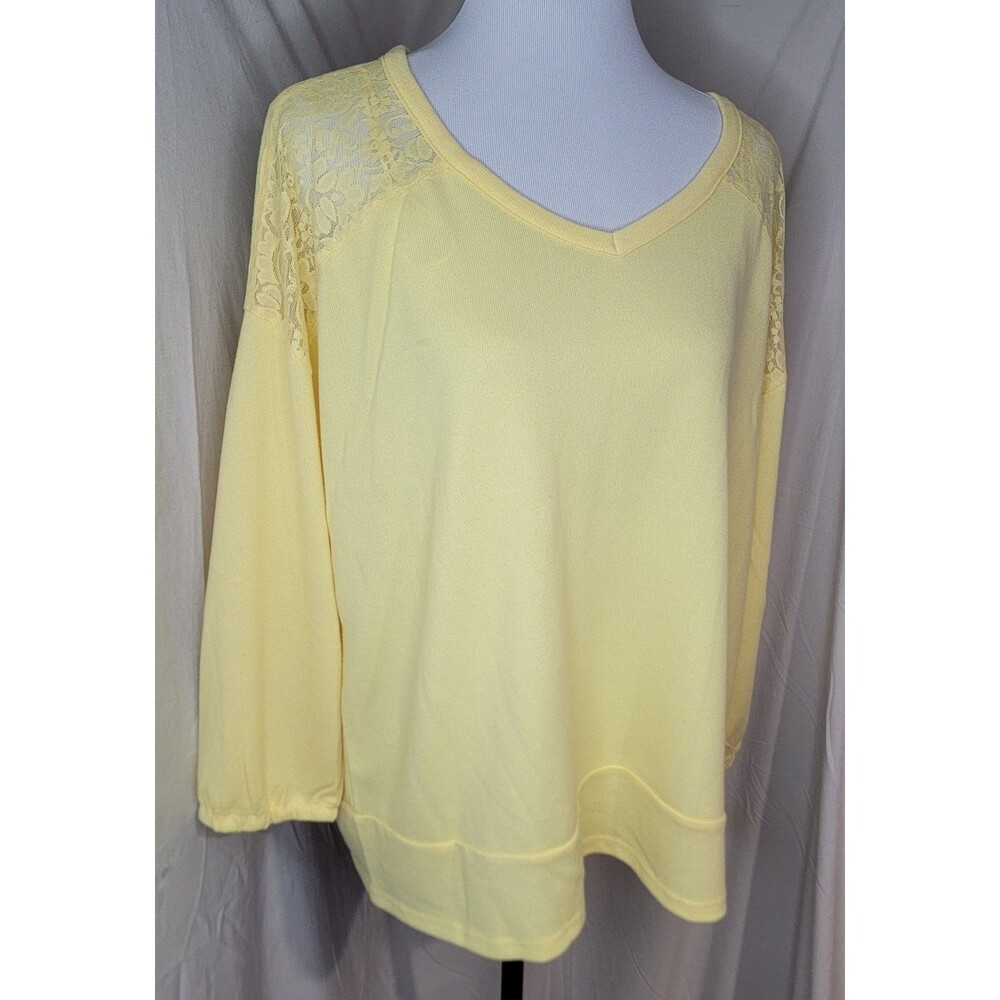 NWT Petite XL Yellow Lace Shoulder Blouse 3/4 Sleeve Lightweight Spring Top